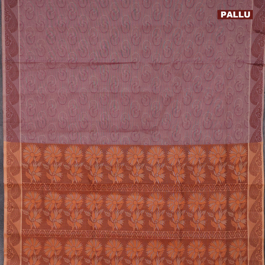 Coimbatore cotton saree purple shade and orange with allover self emboss and thread woven border