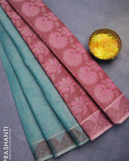 Coimbatore cotton saree teal blue and pink with allover self emboss and thread woven border