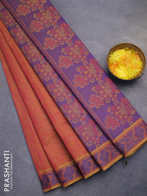 Coimbatore cotton saree dual shade of pink and blue with allover self emboss and thread woven border