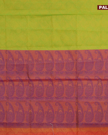 Coimbatore cotton saree dual shade of greenish yellow and dual shade of pinkish yellow with allover self emboss and thread woven border