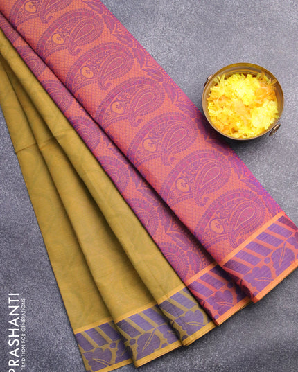 Coimbatore cotton saree mustard shade and dual shade of pinkish yellow with allover self emboss and thread woven border
