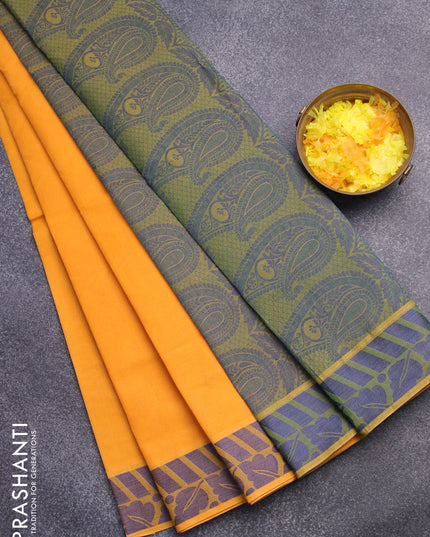 Coimbatore cotton saree mango yellow and dual shade of green with allover self emboss and thread woven border