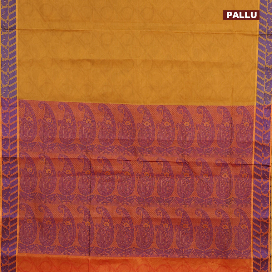 Coimbatore cotton saree dark mustard yellow and sunset orange with allover self emboss and thread woven border