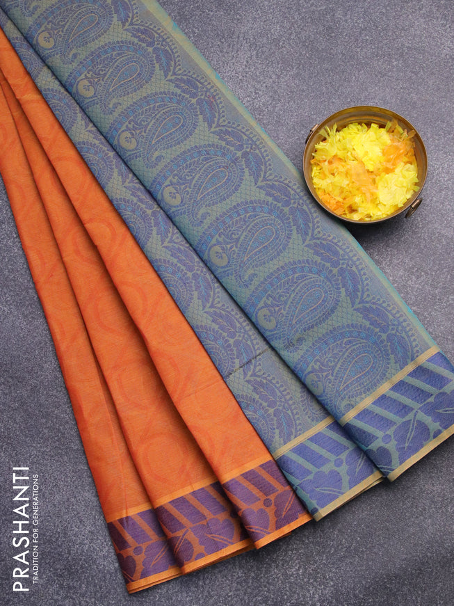 Coimbatore cotton saree sunset orange and dual shade of blue with allover self emboss and thread woven border