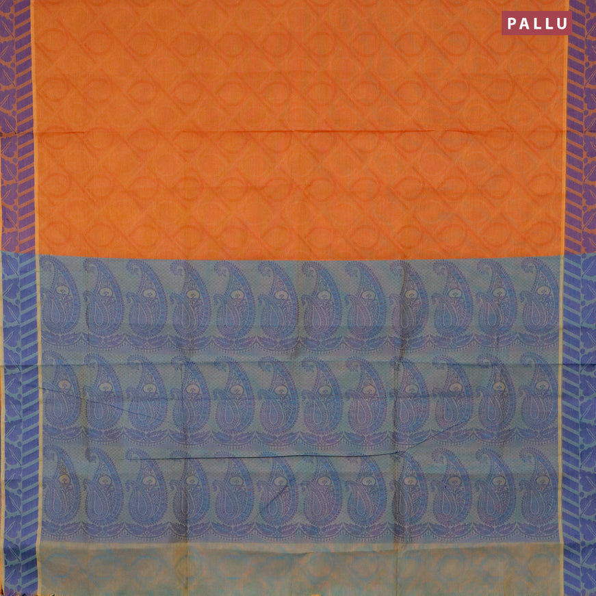 Coimbatore cotton saree sunset orange and dual shade of blue with allover self emboss and thread woven border