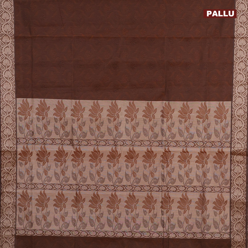 Coimbatore cotton saree dark brown and beige with allover self emboss and thread woven border