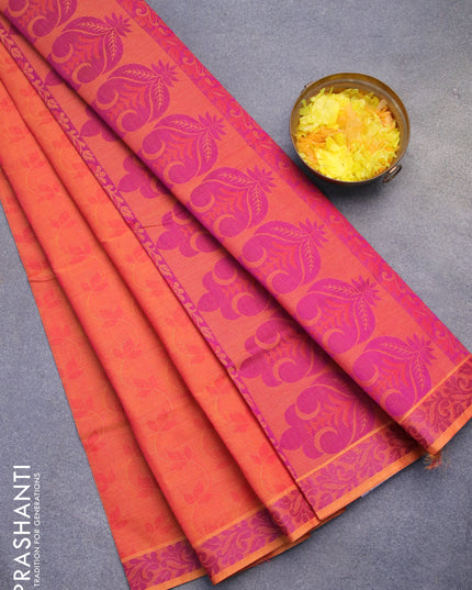 Coimbatore cotton saree dual shade of orange and purple with allover self emboss and thread woven border