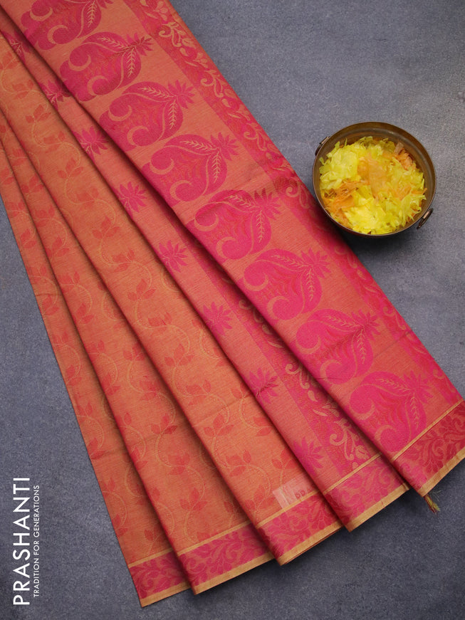 Coimbatore cotton saree dual shade of reddish yellow and pink with allover self emboss and thread woven border
