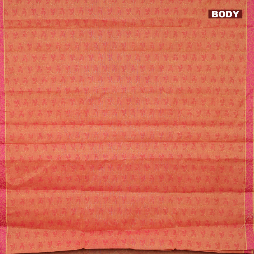 Coimbatore cotton saree dual shade of reddish yellow and pink with allover self emboss and thread woven border