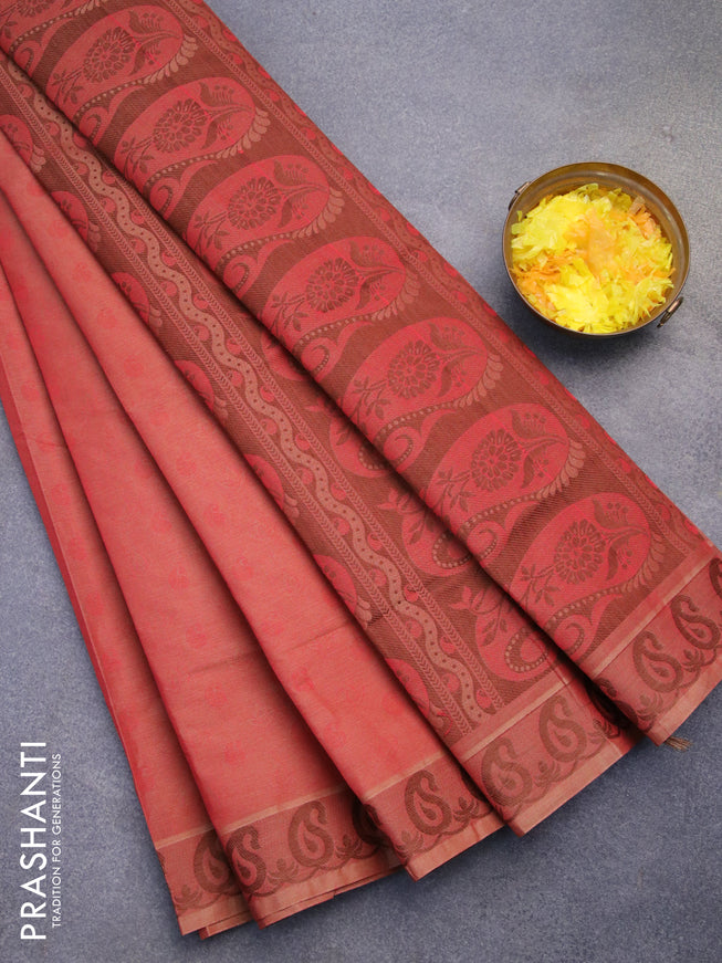 Coimbatore cotton saree red shade and brown with allover self emboss and thread woven border