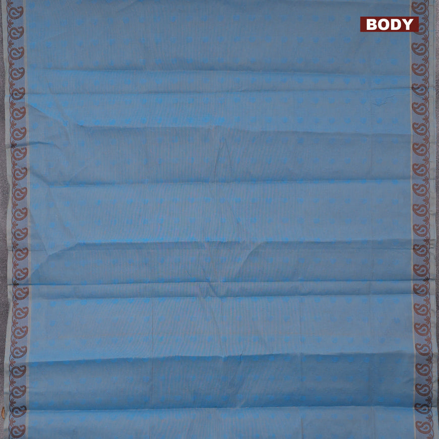 Coimbatore cotton saree dual shade of cs blue and brown with allover self emboss and thread woven border