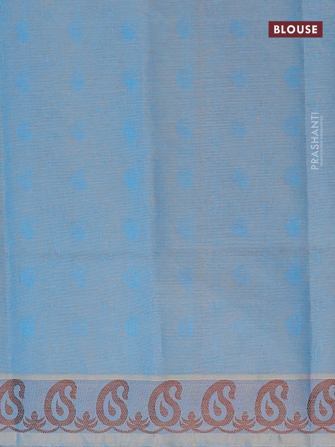 Coimbatore cotton saree dual shade of cs blue and brown with allover self emboss and thread woven border