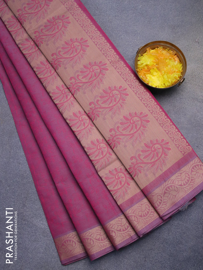 Coimbatore cotton saree dual shade of magenta pink and sandal with allover self emboss and thread woven border
