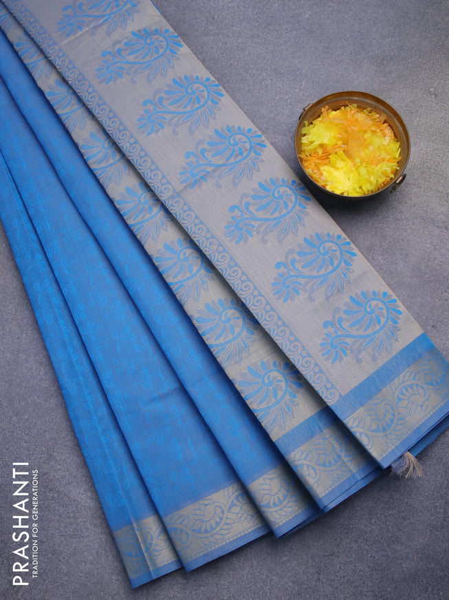 Coimbatore cotton saree dual shade of cs blue and beige with allover self emboss and thread woven border
