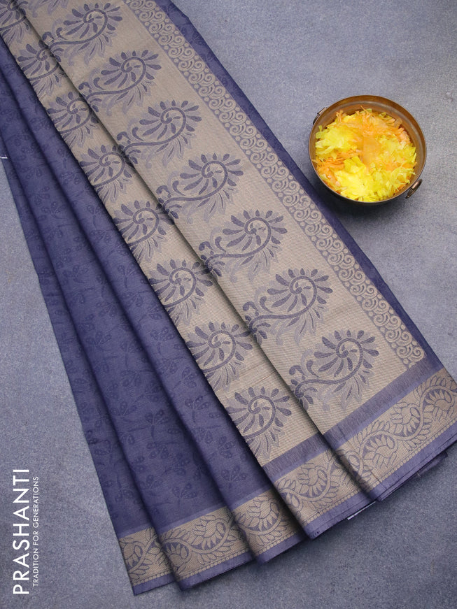 Coimbatore cotton saree dark grey and beige with allover self emboss and thread woven border