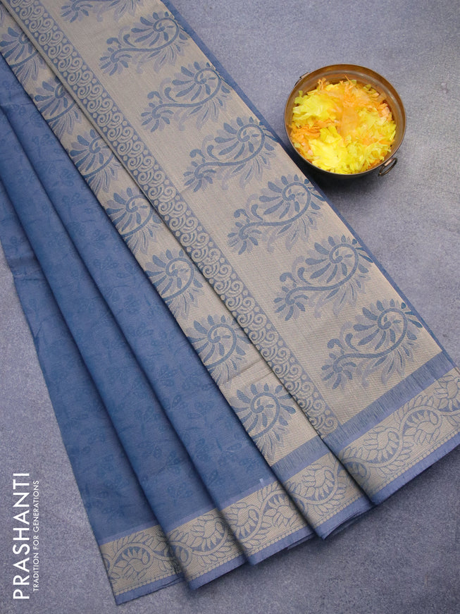 Coimbatore cotton saree dual shade of peacock blue and sandal with allover self emboss and thread woven border