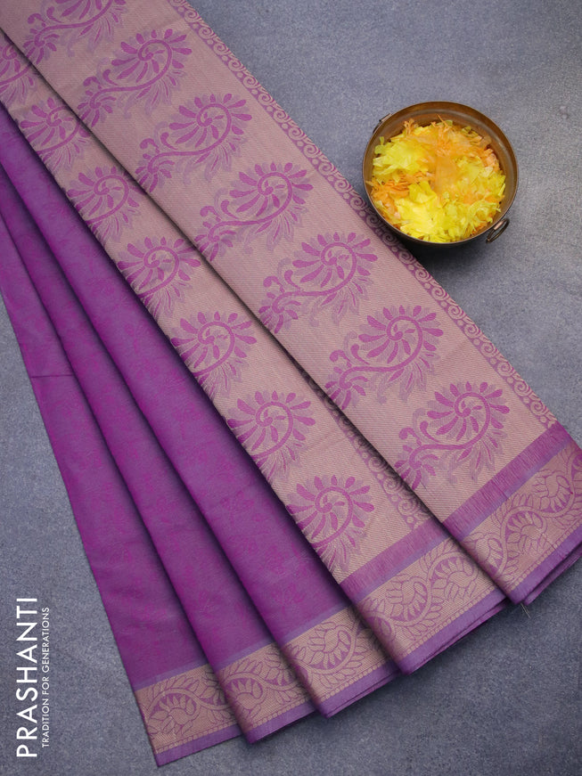 Coimbatore cotton saree dual shade of purple and sandal with allover self emboss and thread woven border