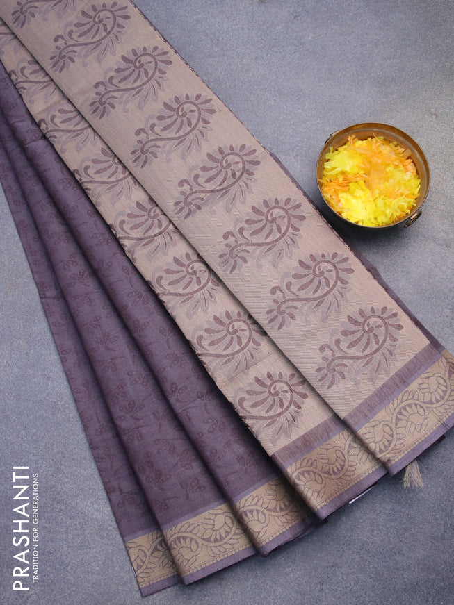 Coimbatore cotton saree dual shade of coffee brown and beige with allover self emboss and thread woven border