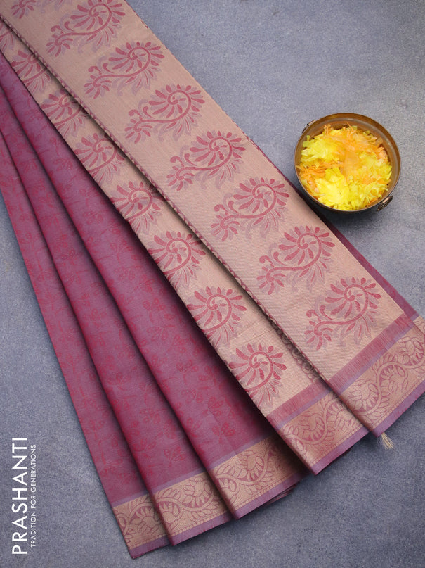 Coimbatore cotton saree dual shade of maroon and sandal with allover self emboss and thread woven border
