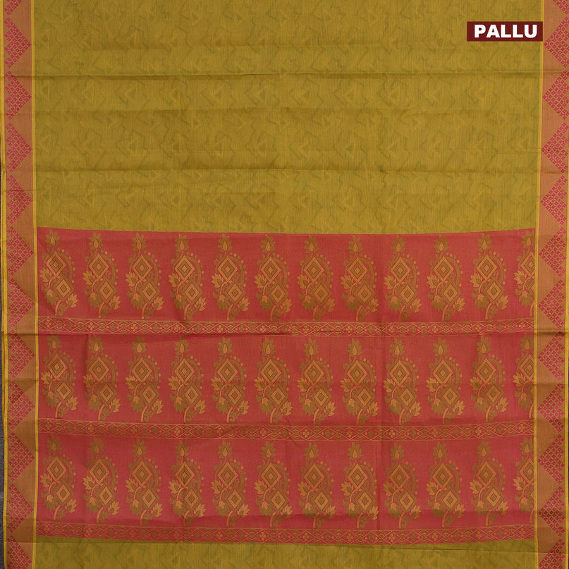 Coimbatore cotton saree mehendi green and pink with allover self emboss and thread woven border