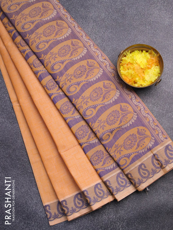 Coimbatore cotton saree pale orange and blue with allover self emboss and thread woven border
