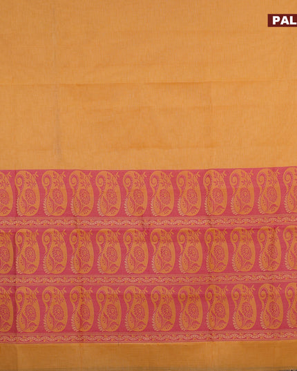 Coimbatore cotton saree mustard yellow and pink with allover self emboss and thread woven border