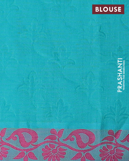 Coimbatore cotton saree teal green and magenta pink with allover self emboss and thread woven border