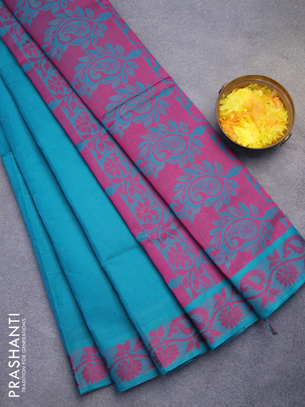Coimbatore cotton saree teal green and magenta pink with allover self emboss and thread woven border