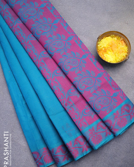 Coimbatore cotton saree teal blue and magenta pink with allover self emboss and thread woven border