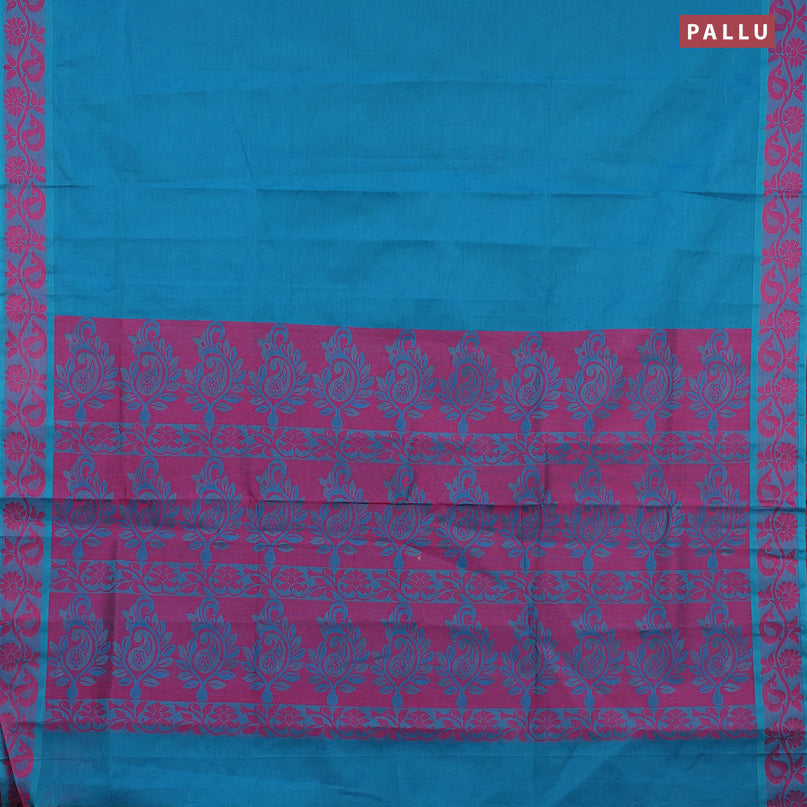 Coimbatore cotton saree teal blue and magenta pink with allover self emboss and thread woven border
