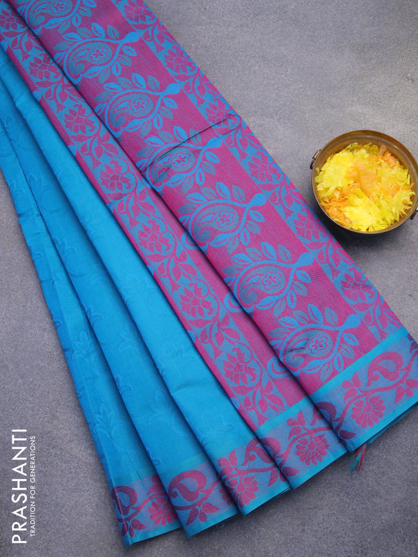 Coimbatore cotton saree cs blue and magenta pink with allover self emboss and thread woven border