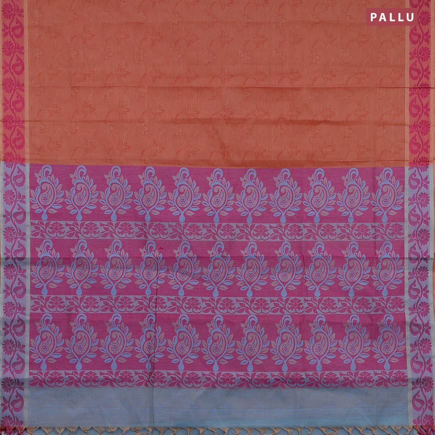 Coimbatore cotton saree rust shade and magenta pink with allover self emboss and thread woven border