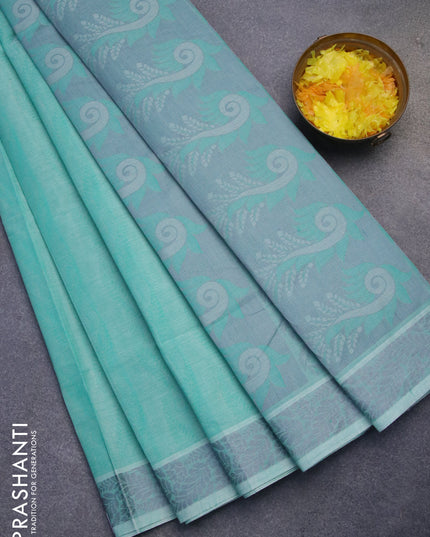 Coimbatore cotton saree teal green and grey with allover self emboss and thread woven border