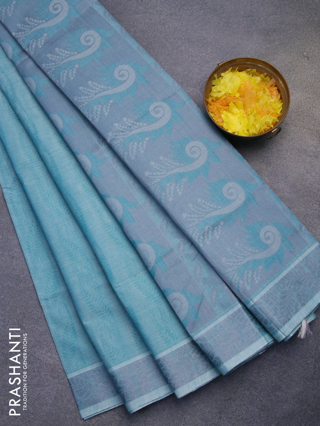 Coimbatore cotton saree teal blue and grey with allover self emboss and thread woven border