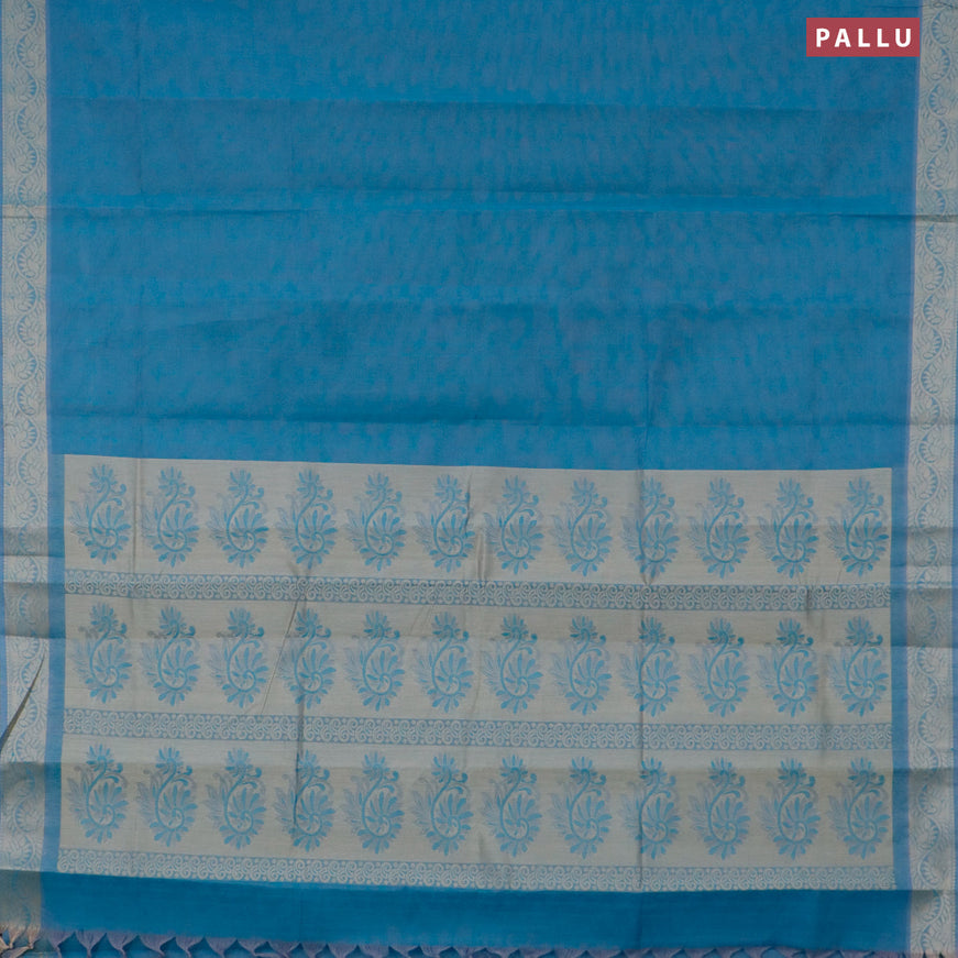 Coimbatore cotton saree teal blue and beige with allover self emboss and thread woven border