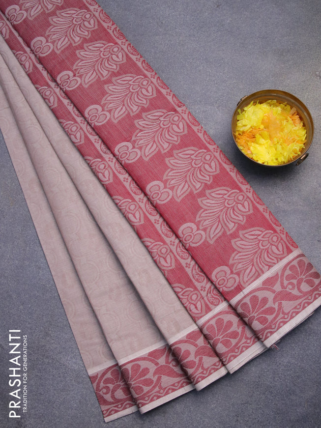 Coimbatore cotton saree beige and maroon with allover self emboss and thread woven border
