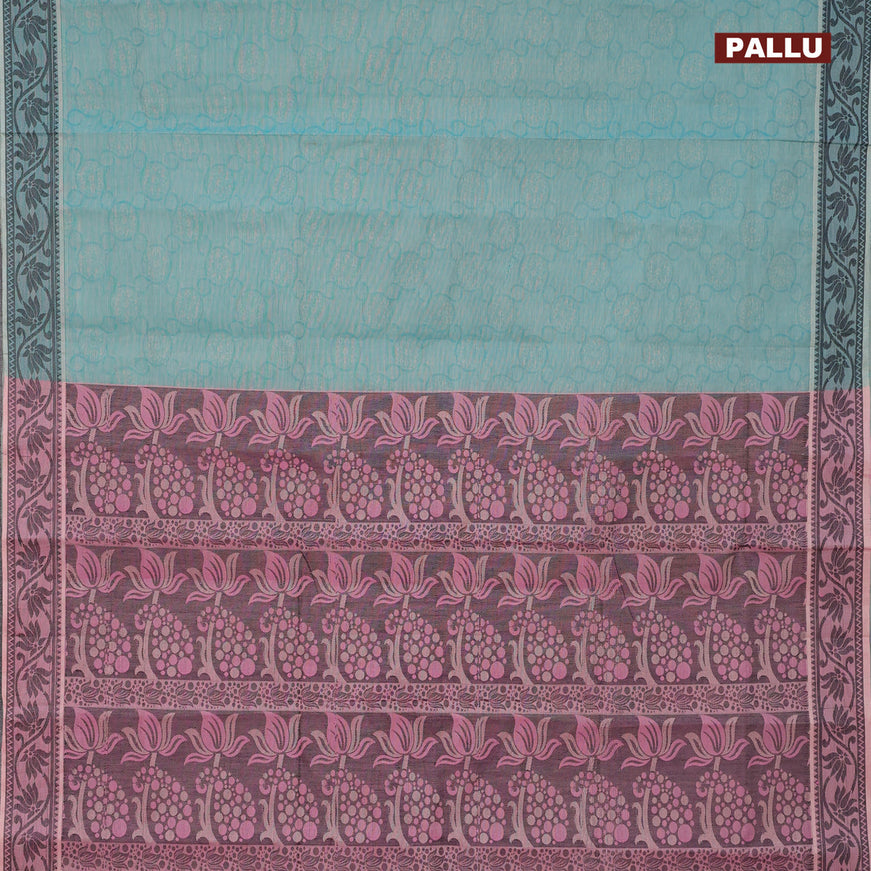 Coimbatore cotton saree teal blue and pink blace with allover self emboss and thread woven border
