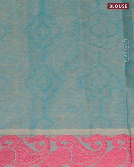 Coimbatore cotton saree mehendi green and pink with allover self emboss and thread woven border