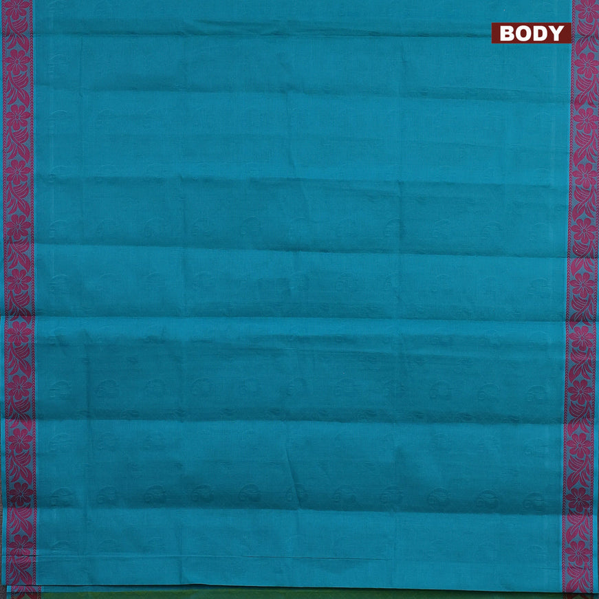 Coimbatore cotton saree teal blue and dual shade of light green shade with allover self emboss and thread woven border