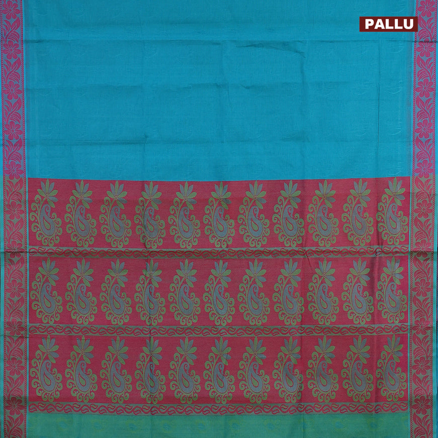 Coimbatore cotton saree teal blue and dual shade of light green shade with allover self emboss and thread woven border