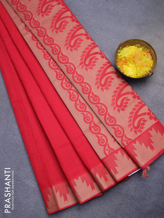 Coimbatore cotton saree red and sandal with allover self emboss and thread woven border