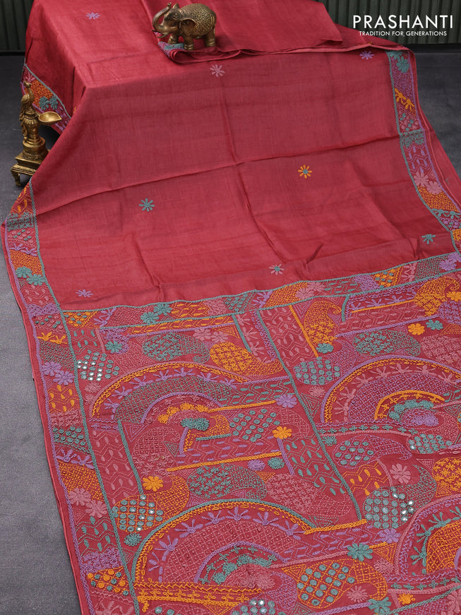 Pure tussar silk saree maroon shade with allover embroidery kantha stitch work buttas and embroidery work border