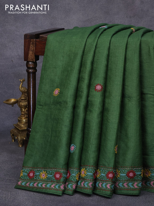 Pure tussar silk saree sap green with allover embroidery kantha stitch work buttas and embroidery work border