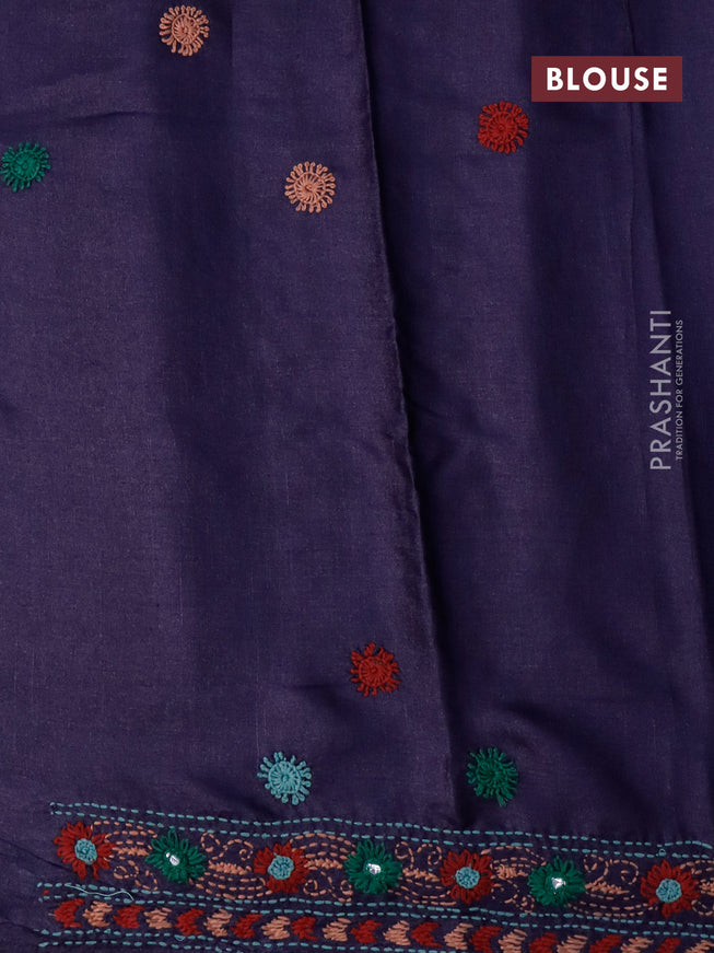 Pure tussar silk saree dark blue with allover embroidery kantha stitch work buttas and embroidery work border