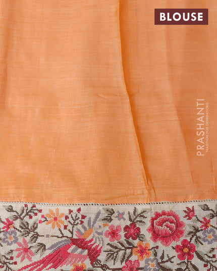 Pure tussar silk saree orange and cream with allover mirror work and floral design embroidery work border
