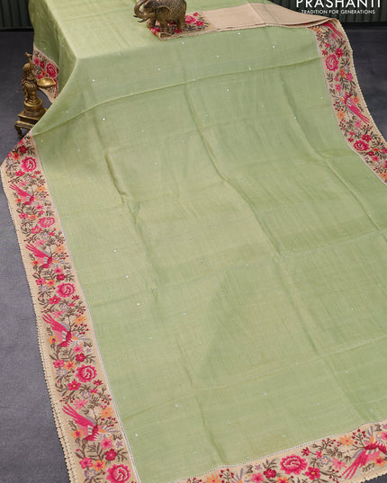 Pure tussar silk saree pista green and sandal with allover mirror work and floral design embroidery work border