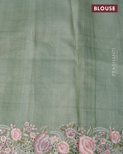 Pure tussar silk saree pastel green with tie & dye prints and floral design embroidery cut work border