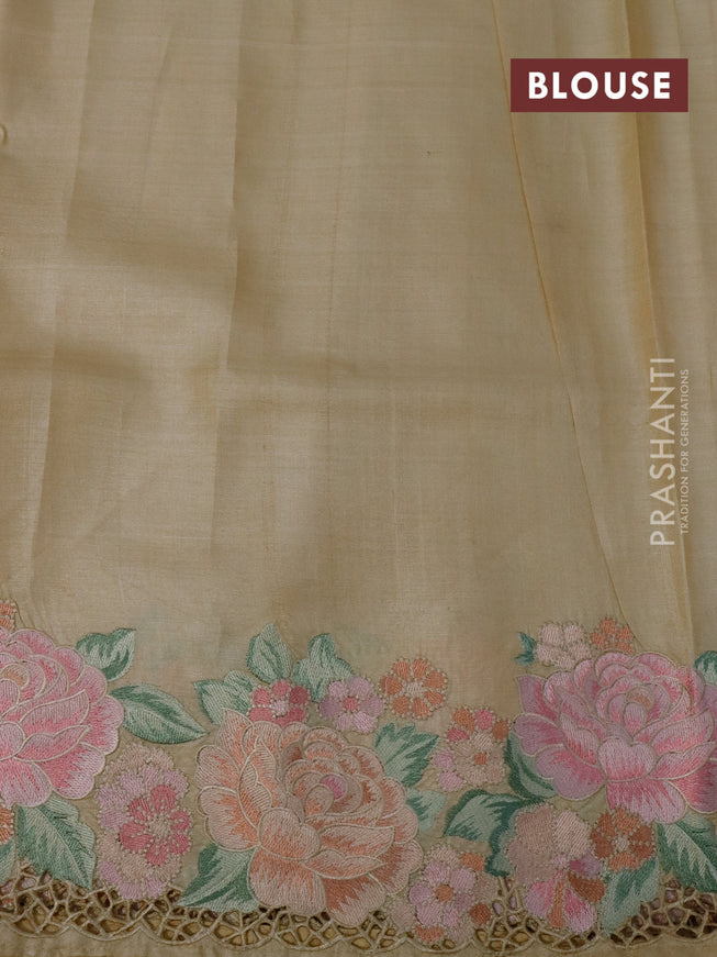 Pure tussar silk saree sandal with allover mirror work and floral design embroidery cut work border