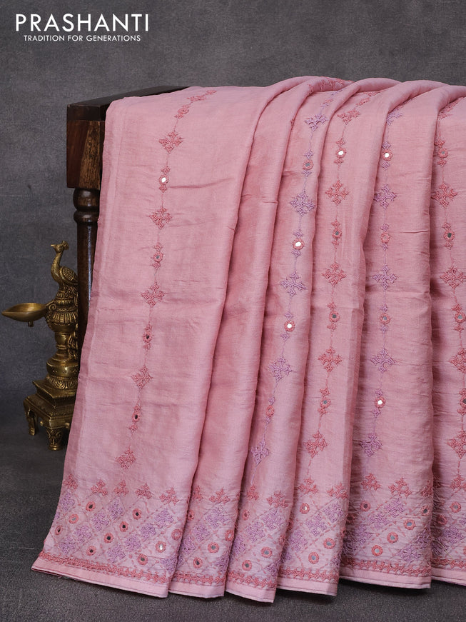 Pure tussar silk saree pastel pink with allover embroidery & mirror work and embroidery work border