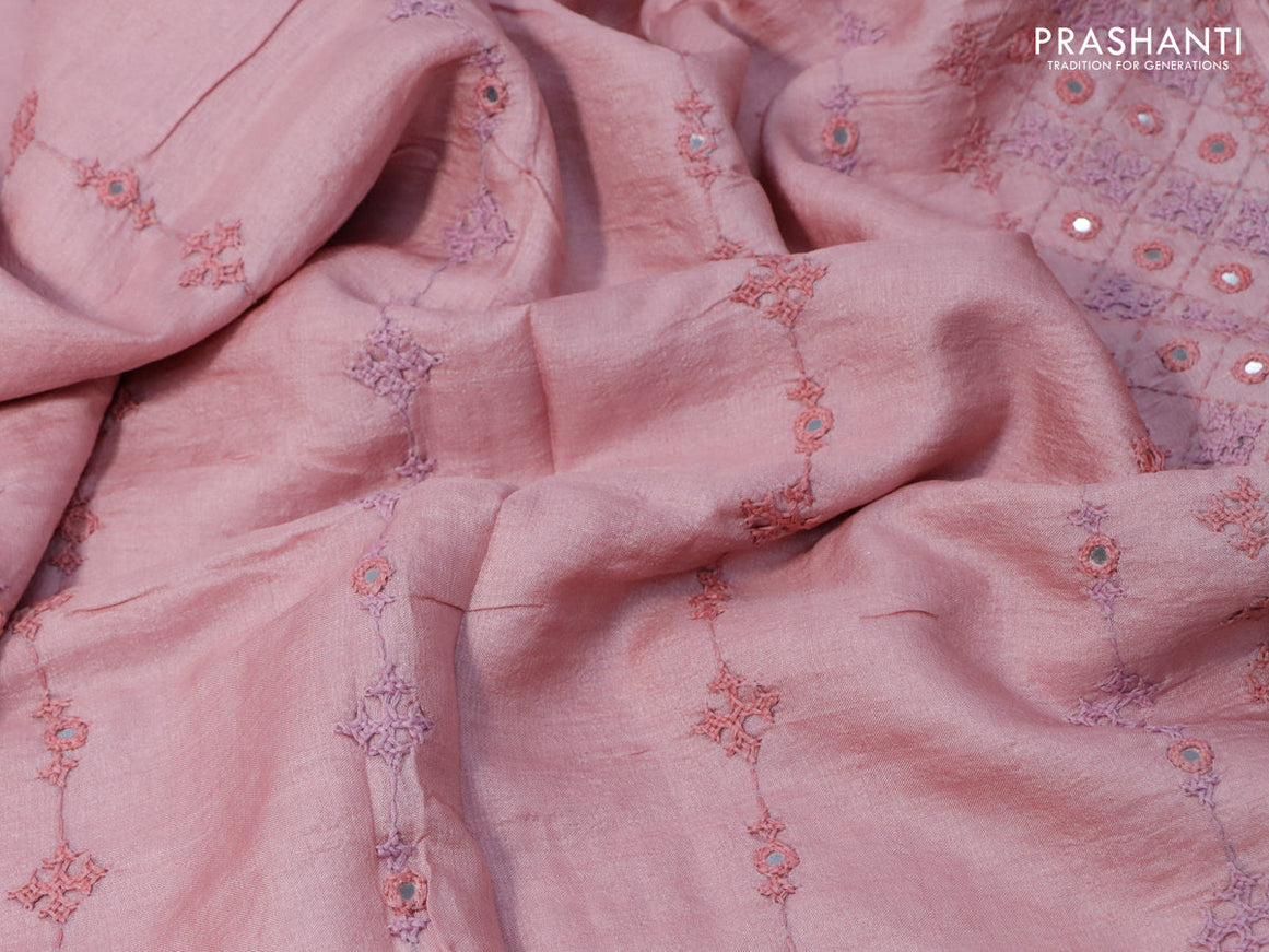 Pure tussar silk saree pastel pink with allover embroidery & mirror work and embroidery work border
